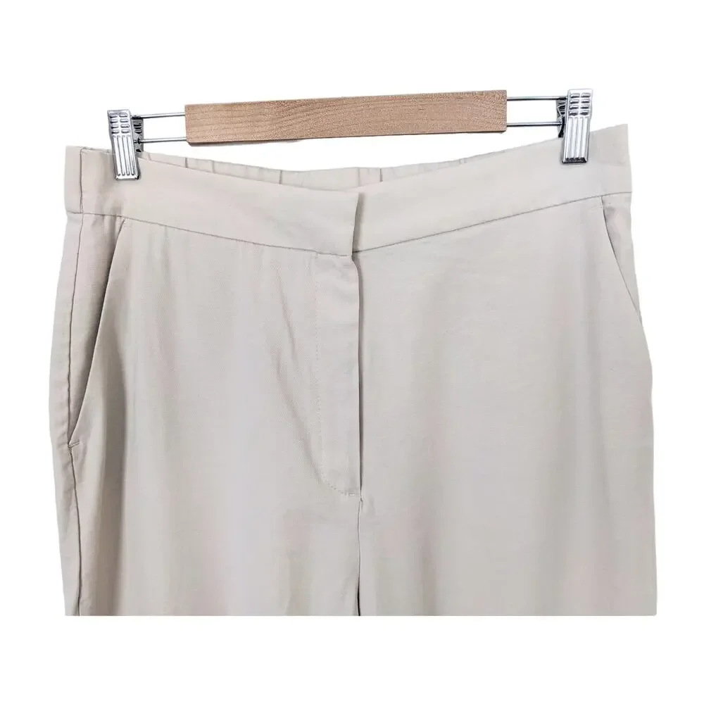 H&M Wide Leg Linen Blend Pants Sz L Beige Tan Side Slit Coastal Office Business